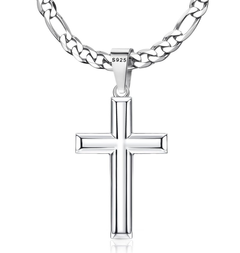 MILACOLATO 925 Sterling Silver Cross Necklace for Men Women - 5mm Durable 316L Stainless Steel Figaro Link Chain with Beveled Edge Cross Pendant, Silver Crucifix Necklaces Jewelry, 20'' Christian Baptism Gift - Image 1