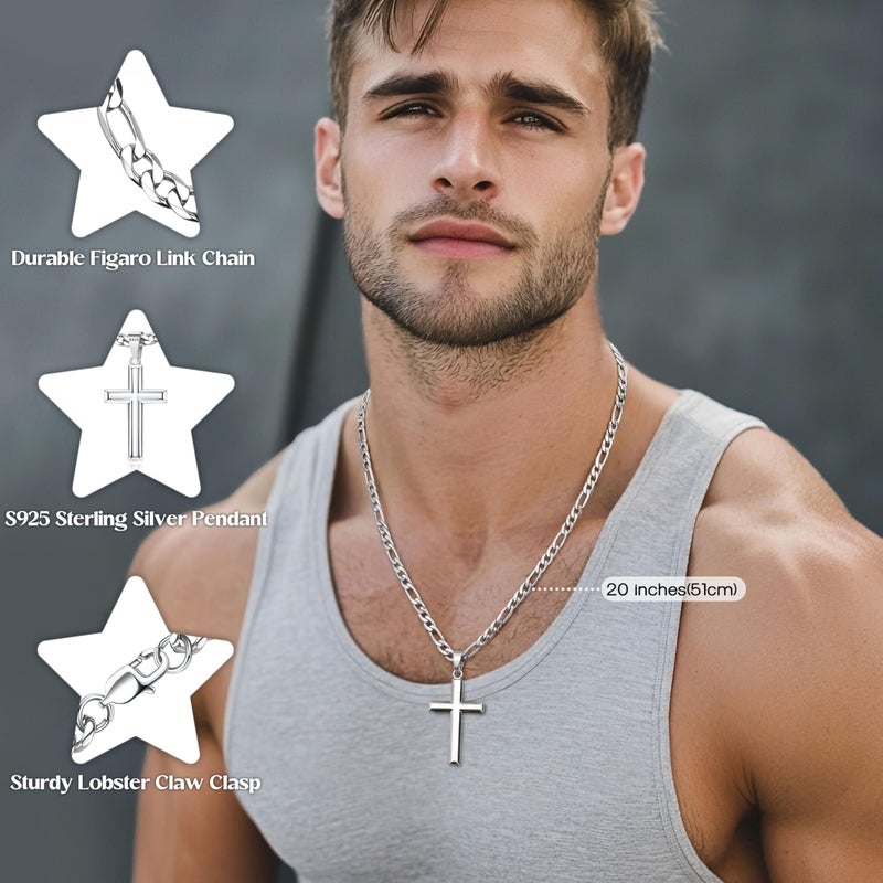 MILACOLATO 925 Sterling Silver Cross Necklace for Men Women - 5mm Durable 316L Stainless Steel Figaro Link Chain with Beveled Edge Cross Pendant, Silver Crucifix Necklaces Jewelry, 20'' Christian Baptism Gift - Image 2