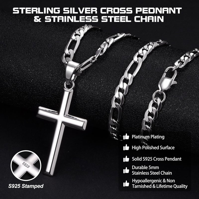 MILACOLATO 925 Sterling Silver Cross Necklace for Men Women - 5mm Durable 316L Stainless Steel Figaro Link Chain with Beveled Edge Cross Pendant, Silver Crucifix Necklaces Jewelry, 20'' Christian Baptism Gift - Image 4
