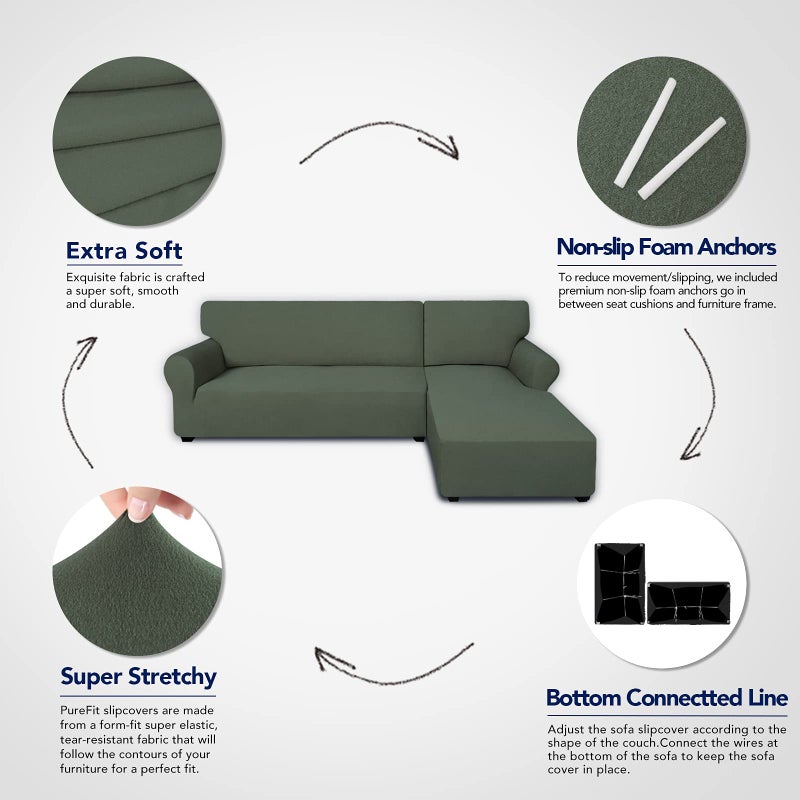 PureFit Super Stretch Sectional Couch Covers - 2 pcs Spandex Non Slip Sofa Covers with Elastic Bottom for L Shape Sectional Sofa, Great for Kids & Pets (3 Seat Sofa + 3 Seat Chaise, Greyish Green) - Image 3