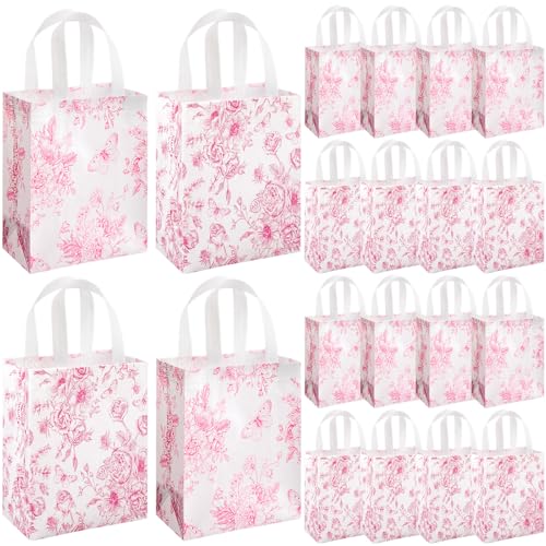 Wovnet 30 Pcs Pink Floral Gift Bags with Handle Reusable Non Woven Floral Tote Party Favor Bags Flower Treat Goodie Bag for Mothers Day Wedding Bridal Shower 10 x 8 x 4 Inch, Medium - Image 1