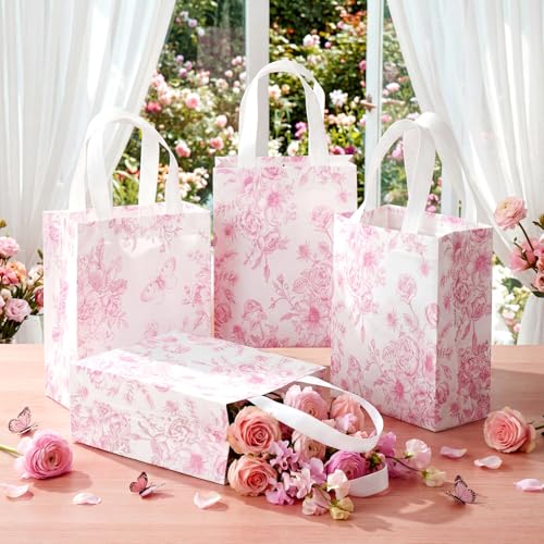 Wovnet 30 Pcs Pink Floral Gift Bags with Handle Reusable Non Woven Floral Tote Party Favor Bags Flower Treat Goodie Bag for Mothers Day Wedding Bridal Shower 10 x 8 x 4 Inch, Medium - Image 2