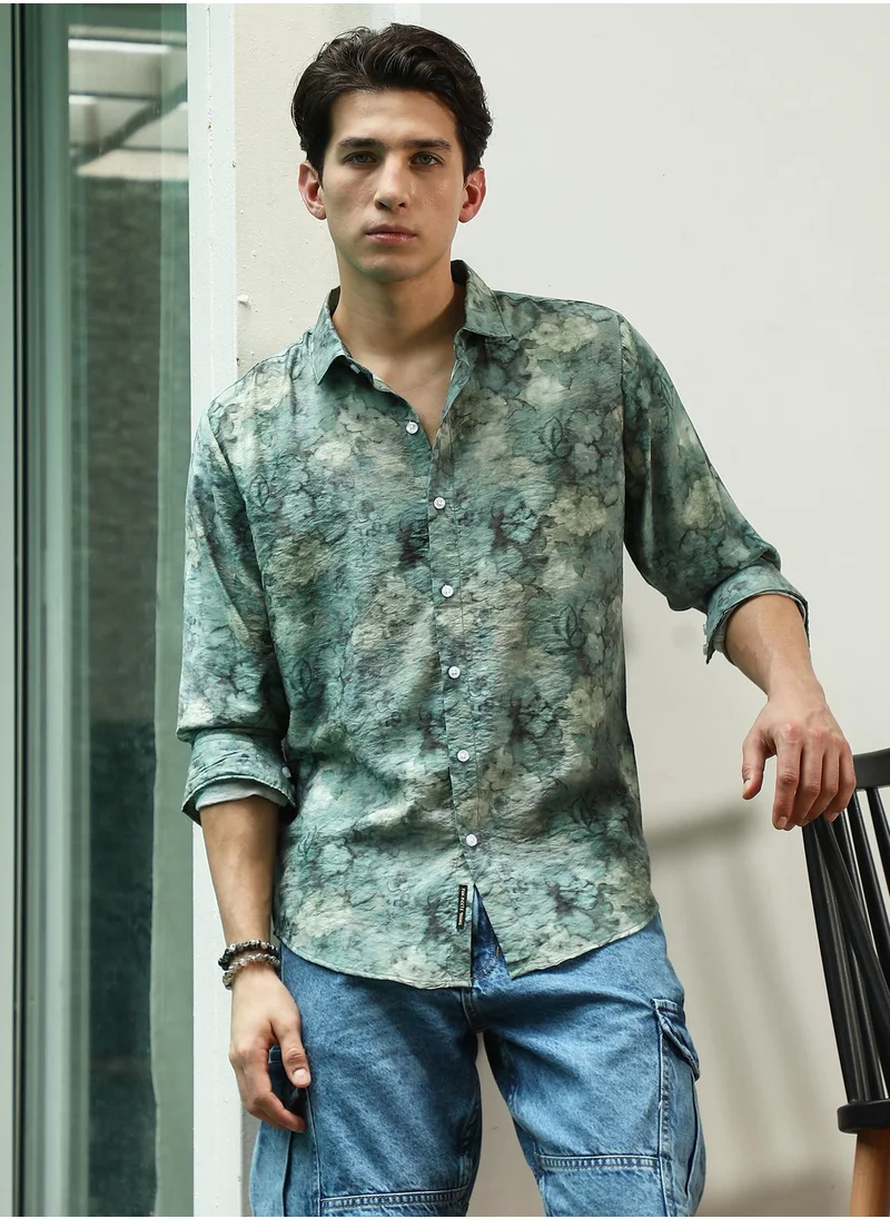 Campus Sutra Men's Green Floral Print Full Sleeve Shirt