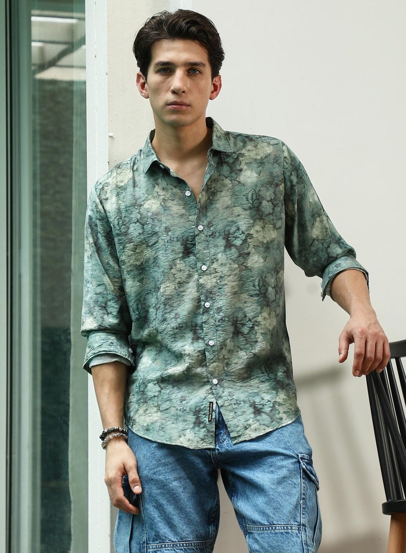 Campus Sutra Men's Green Floral Print Full Sleeve Shirt - Image 2