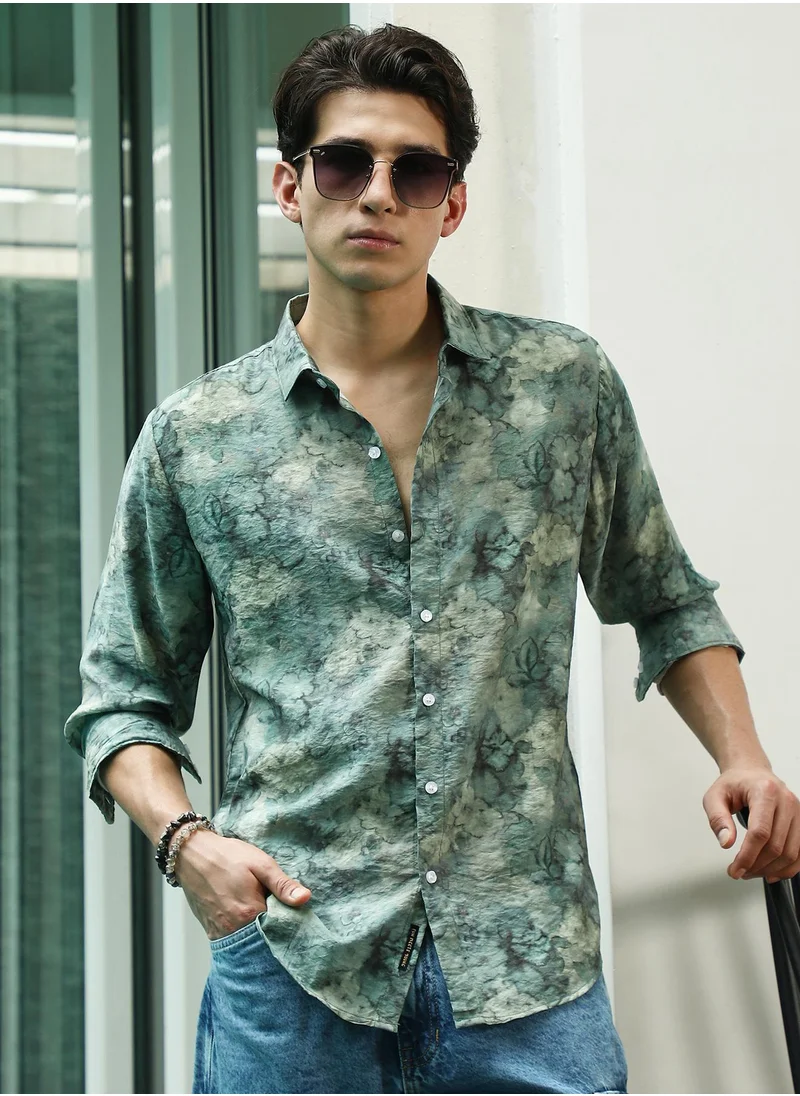 Campus Sutra Men's Green Floral Print Full Sleeve Shirt