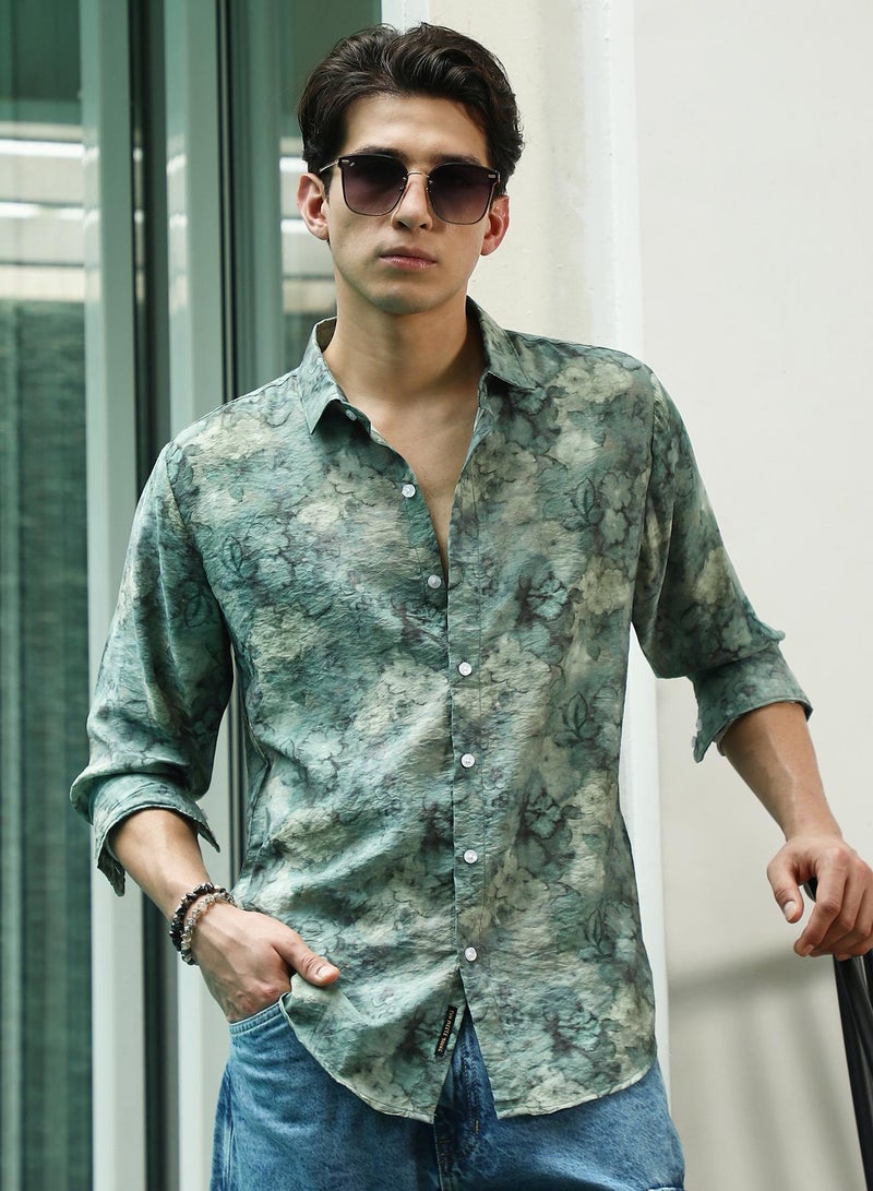 Campus Sutra Men's Green Floral Print Full Sleeve Shirt - Image 1