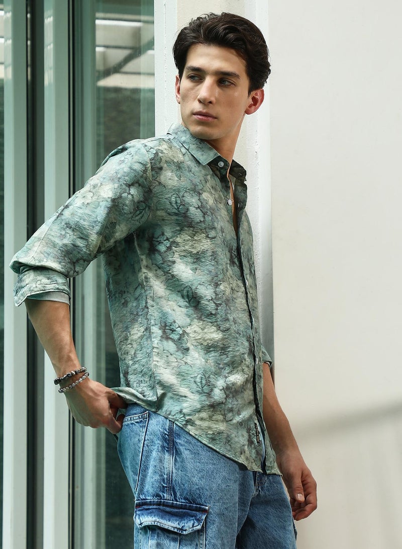 Campus Sutra Men's Green Floral Print Full Sleeve Shirt - Image 3