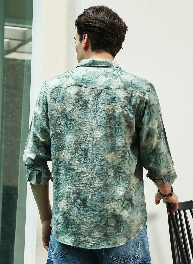 Campus Sutra Men's Green Floral Print Full Sleeve Shirt