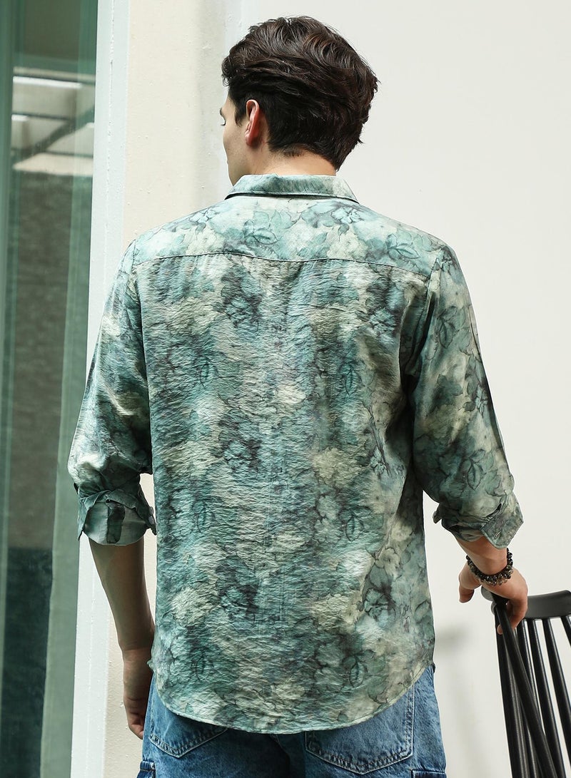 Campus Sutra Men's Green Floral Print Full Sleeve Shirt - Image 5