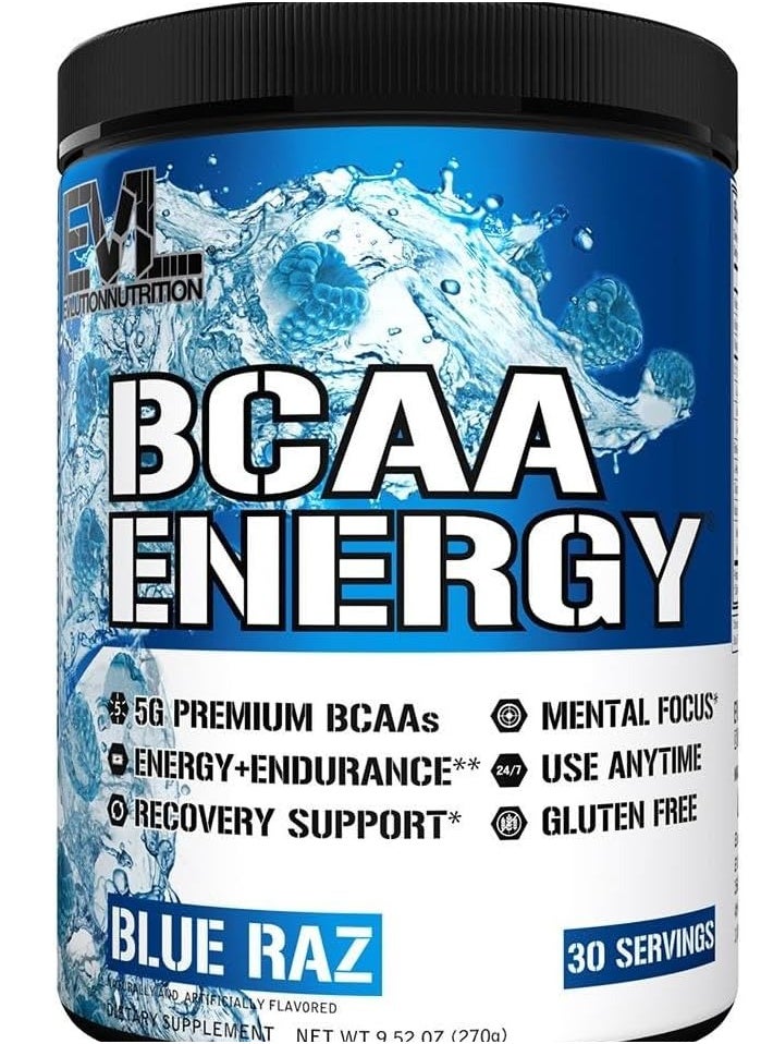 EVLUTION NUTRITION BCAA Energy - High Performance, Energizing Amino Acid Supplement for Muscle Building, Recovery, and Endurance, Blue Raz 9.52oz (30 Servings)  - Image 1