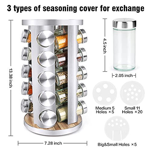 CANTAMI Spice Rack Organizer with Jars for Cabinet (20Pcs) Revolving/Rotating Seasoning Organizer, Stainless Steel/Wooden Countertop Rack Tower Organizer for Kitchen Pantry with Reusable Labels/Funnel/Brushes - Image 2