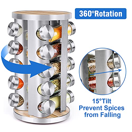 CANTAMI Spice Rack Organizer with Jars for Cabinet (20Pcs) Revolving/Rotating Seasoning Organizer, Stainless Steel/Wooden Countertop Rack Tower Organizer for Kitchen Pantry with Reusable Labels/Funnel/Brushes - Image 3