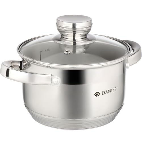 Daniks Standard Stainless Steel Stock Pot with Glass Lid – Induction 3 Quart, Dishwasher Safe, Measuring Scale, For Soup, Pasta, Stew, Silver - Image 1