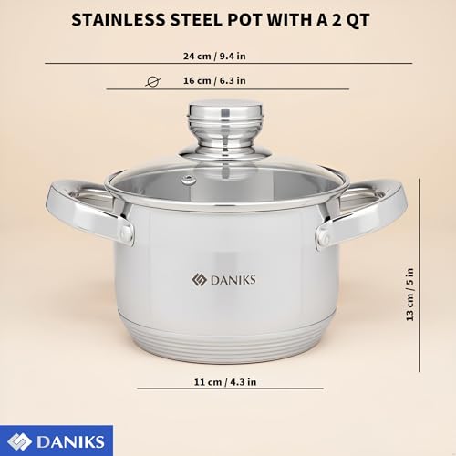 Daniks Standard Stainless Steel Stock Pot with Glass Lid – Induction 3 Quart, Dishwasher Safe, Measuring Scale, For Soup, Pasta, Stew, Silver - Image 3