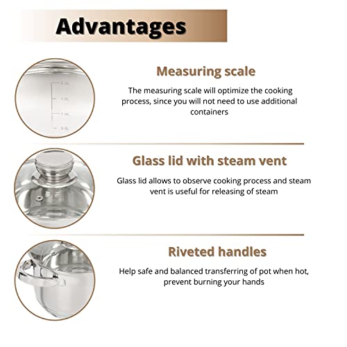 Daniks Standard Stainless Steel Stock Pot with Glass Lid – Induction 3 Quart, Dishwasher Safe, Measuring Scale, For Soup, Pasta, Stew, Silver - Image 4