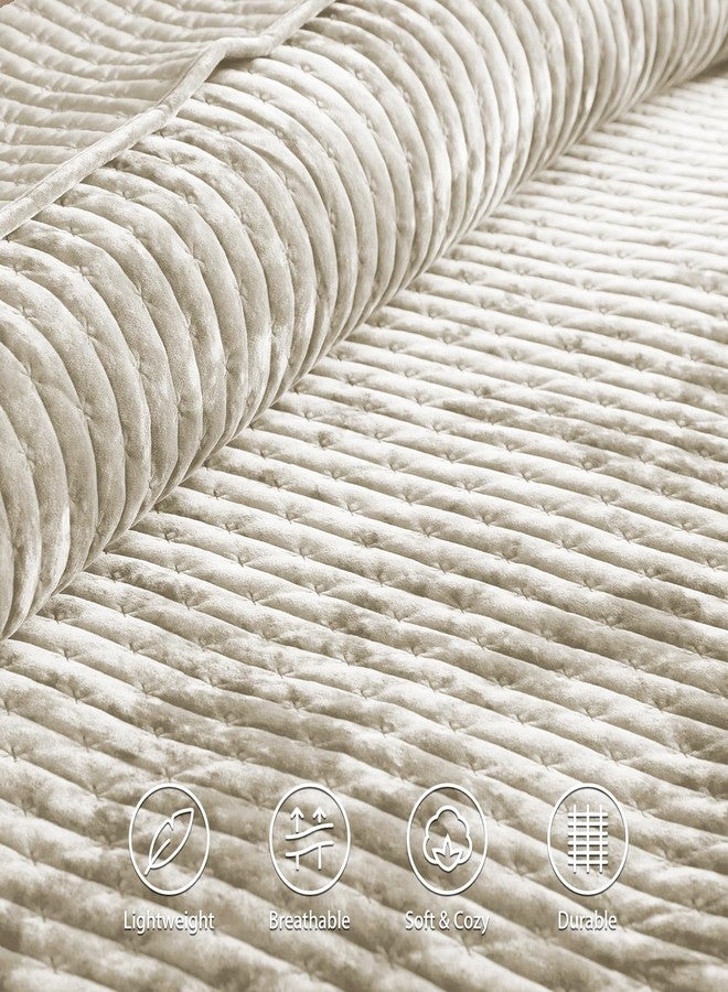 LEAONME Velvet Quilt Set Full/Queen Size 90''x98'', Lightweight Beige Velvet Comforter Set with 2 Matching Shams, Soft Cross Stitch Bedspread Coverlet Bedding Set for All Season - Image 5