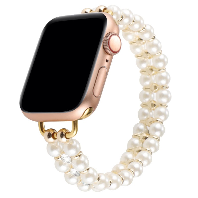 YONWORTH Elastic Pearl Beaded Band Compatible with Apple Watch 38mm 40mm 41mm, Woman Sparkling Bling Diamond Chain Solo Loop Stretch Bracelet Strap Replacement for iWatch Series 8 7 6 5 4 3 2 SE (384041mm - Image 2