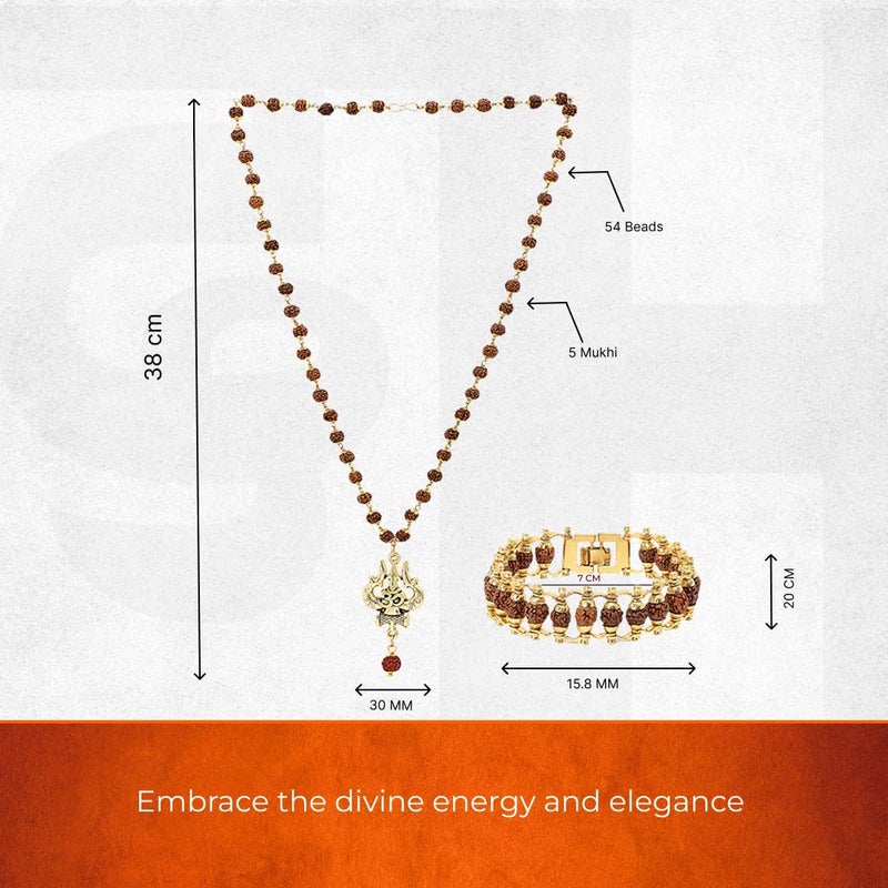 Divine Hindu 5 Mukhi Rudraksha Mala & Bracelet Combo with Gold Plated Om Shiva Trishul Pendant - Image 2