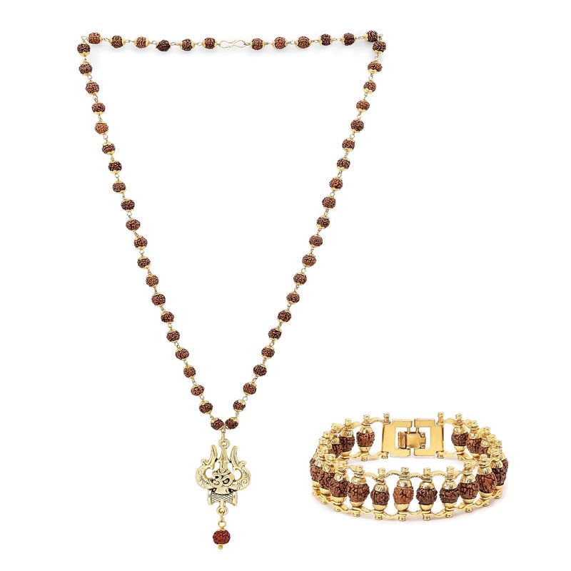 Divine Hindu 5 Mukhi Rudraksha Mala & Bracelet Combo with Gold Plated Om Shiva Trishul Pendant - Image 1