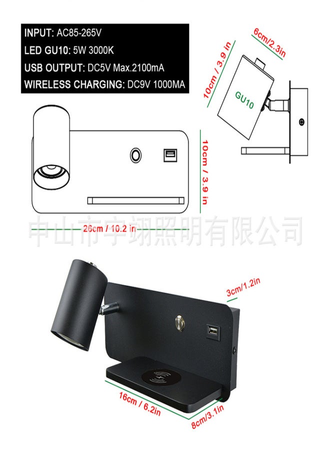 Wall lamp USB interface wireless mobile phone charging GU10 light bulb living room background wall lamp bedroom bedside lamp reading lamp Warm White White spotlight left - Image 4