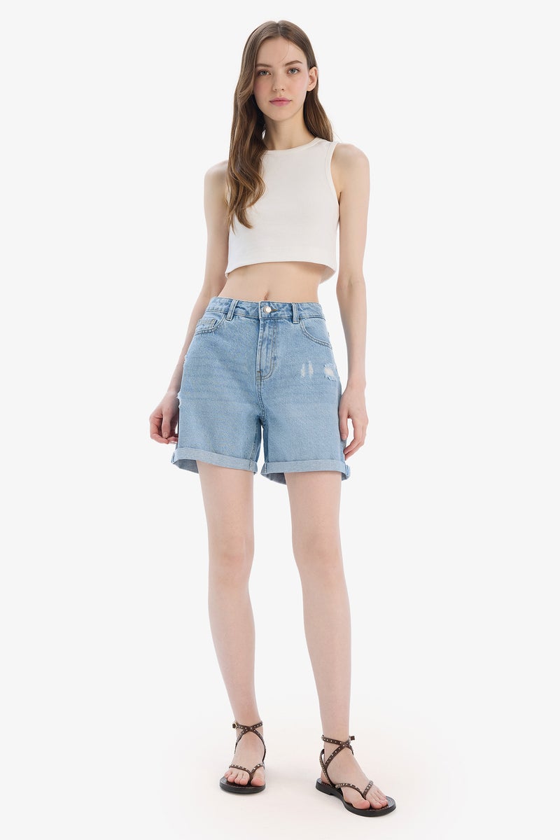 DeFacto Blue Woman Boyfriend High Waist Folded Leg Denim Shorts Casual - Image 2