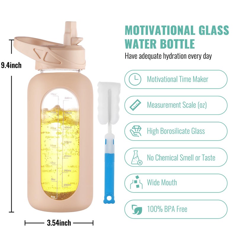 CIVAGO 40 oz Glass Water Bottle with Straw and Handle, Large Sports Motivational Water Bottle Flask with Time Marker and 2 Lids, Leakproof Water Jug Canteen with Silicone Sleeve for Gym,Beige - Image 2