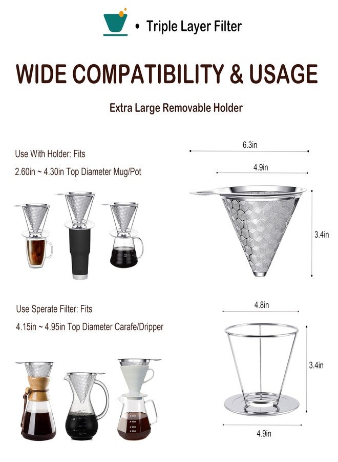 Dailybrew Triple Layer Pour Over Coffee Filter Durable Pour Over Coffee Dripper Easy Clean Metal Cone Filter Paperless Stainless Steel Pour Over Coffee Maker With Holder 2 Cup (HOLDER) - Image 5