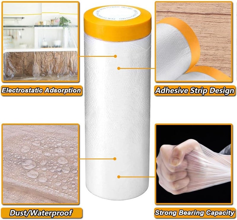 Goodern 2M x 20M Masking Film with Tape,Plastic Waterproof Dust-Proof Pre-Taped and Drape,Transparent Painting Protective Masking Film,Plastic Protective Drop Film for Furniture Carpet Bed Covering - Image 3
