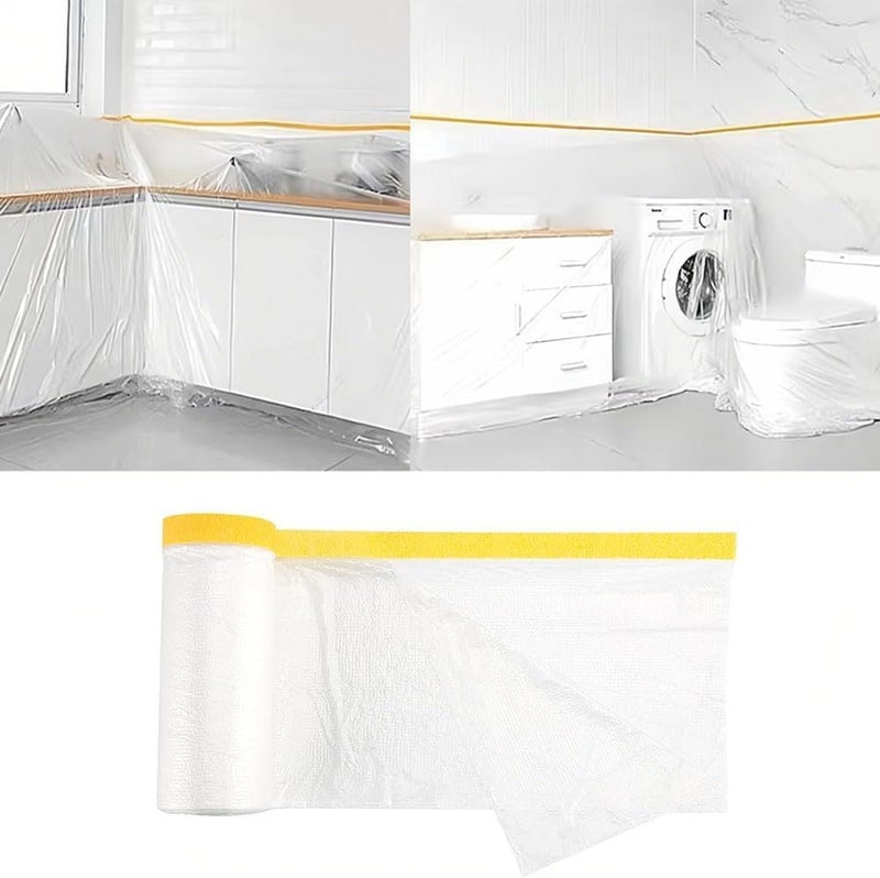 Goodern 2M x 20M Masking Film with Tape,Plastic Waterproof Dust-Proof Pre-Taped and Drape,Transparent Painting Protective Masking Film,Plastic Protective Drop Film for Furniture Carpet Bed Covering - Image 1