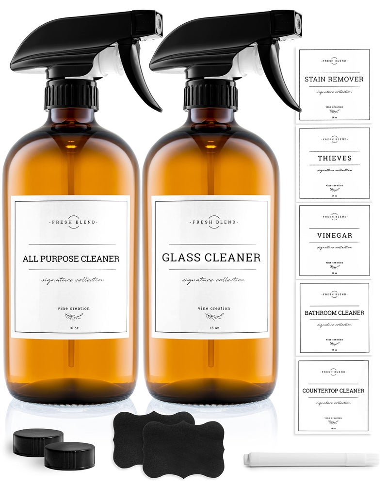 Vine Creations Amber Glass Spray Bottles, 2 Pack Glass Refillable Bottles for Cleaning solutions, 16 oz Spray Bottle for Cleaning, Mister Spray Bottle, Amber Spray Bottles with Waterproof Labels - Image 1