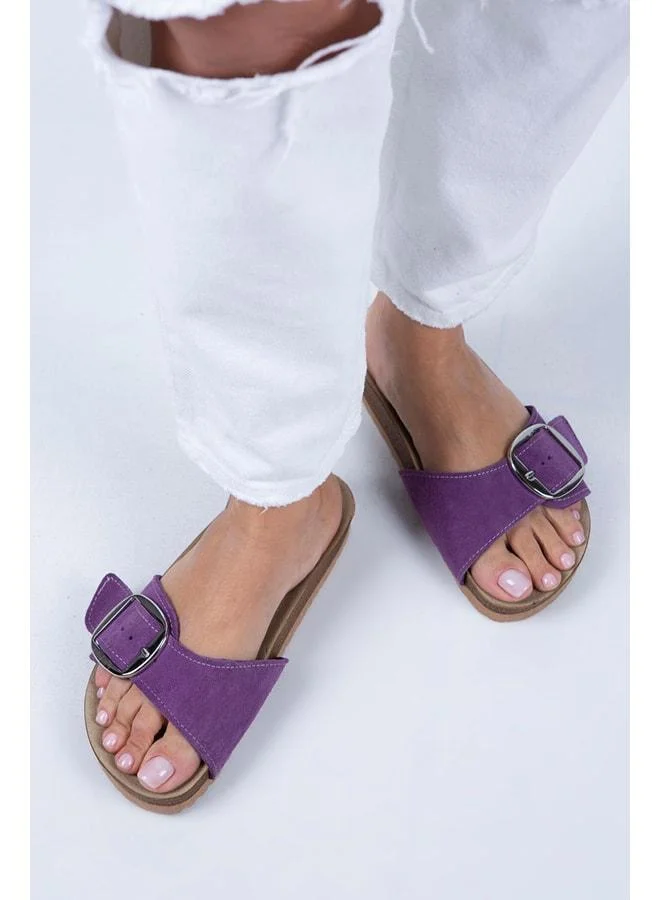 Jade Women's Genuine Leather Single Buckle Purple Suede - Silver Slippers - Purple