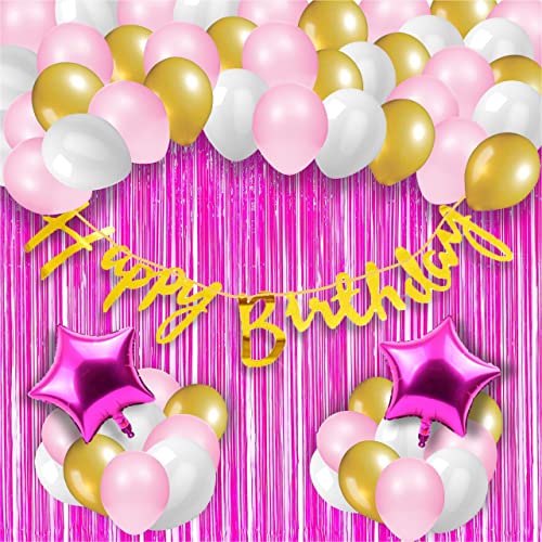 HK balloons Pack Of 44 Pcs Happy Birthday Banner Decoration Kit Set With Pink & Gold White Metallic Balloons & Foil Curtain - Image 1
