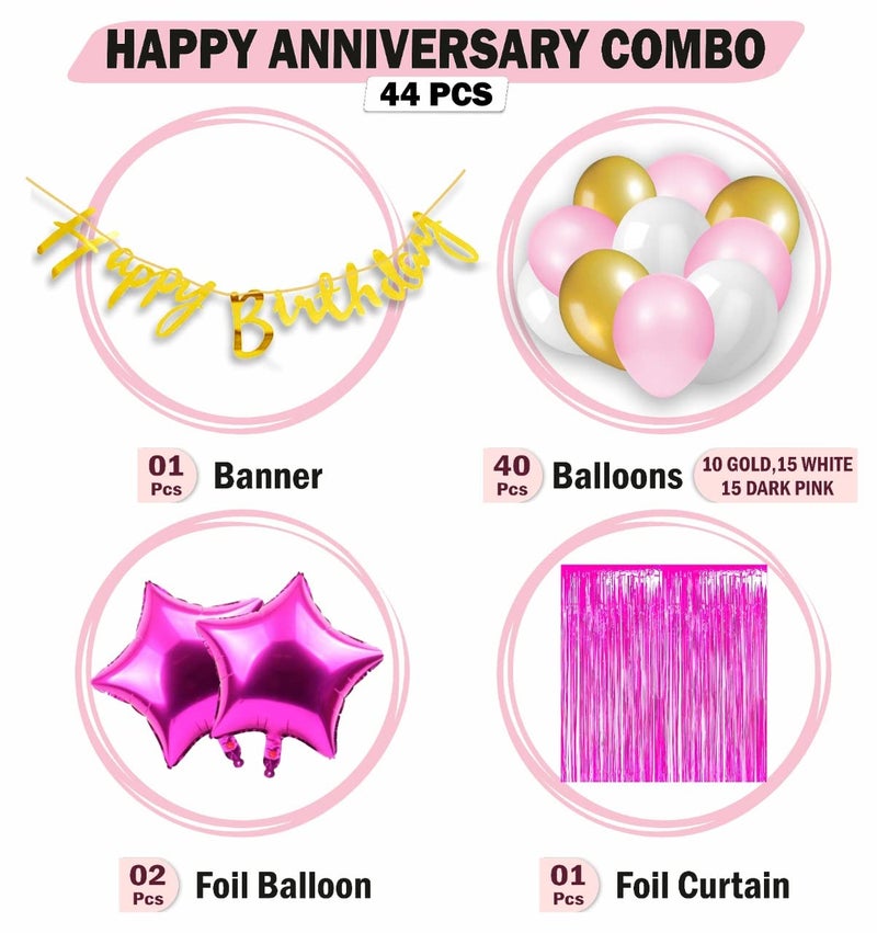 HK balloons Pack Of 44 Pcs Happy Birthday Banner Decoration Kit Set With Pink & Gold White Metallic Balloons & Foil Curtain - Image 2