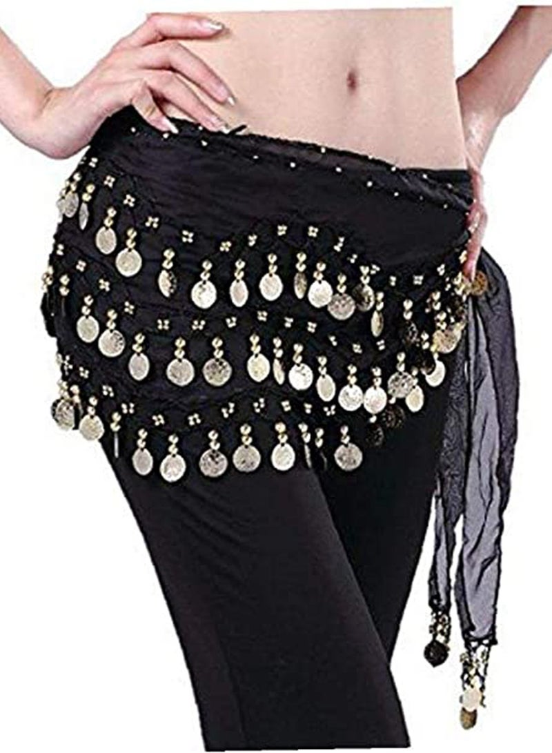 SOLARAE Chiffon Belly Dance Hip Scarf with Dangling Gold Coins - Elegant Black Wrap Belt for Dance Performance - Image 1