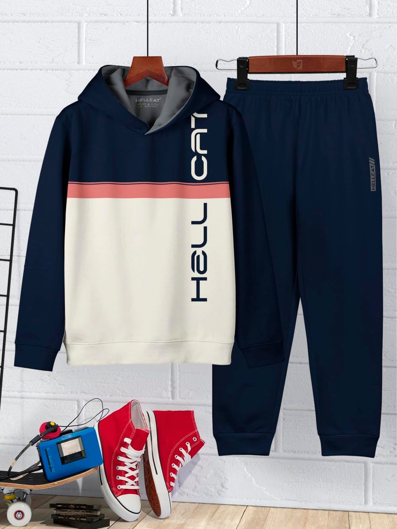 HELLCAT Printed Cotton Blend Full Sleeve Hoodie T-Shirt Jogger Trackpant Clothing Set for Boys Navy/Navy 5-6 Years - Image 2