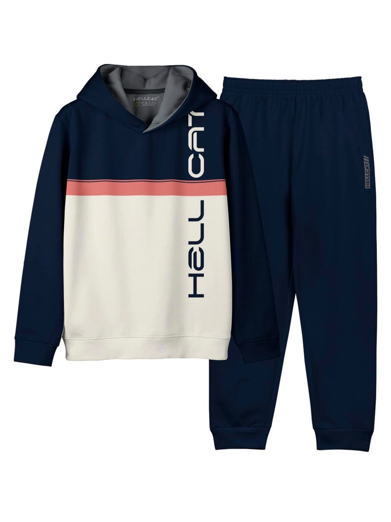 HELLCAT Printed Cotton Blend Full Sleeve Hoodie T-Shirt Jogger Trackpant Clothing Set for Boys Navy/Navy 5-6 Years - Image 1