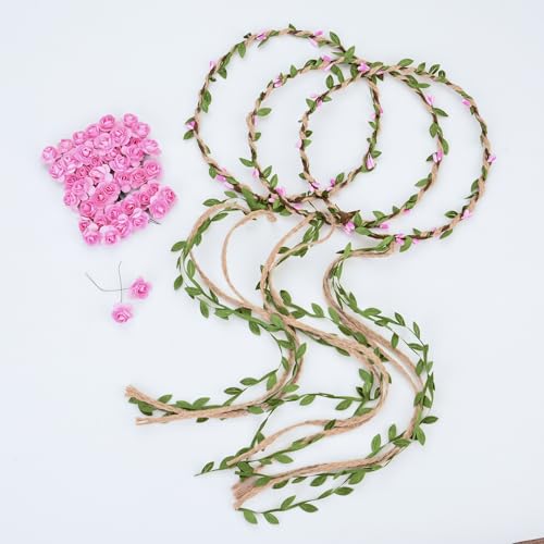 DDazzling Flower Crown Floral Wreath Headband Floral Garland Headbands Photo Props,Rose Flower Crown Kit, 3 Piece (Pink) - Image 4