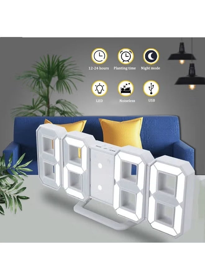 3D LED Digital Alarm Clock Wall Clock, Multifunctional Desk Clock, Electronic Clocks, Snooze Model, Temperature, Night Light Auto/Custom Brightness, 12H/24H Time Display, White, 24x9.4 cm - Image 3