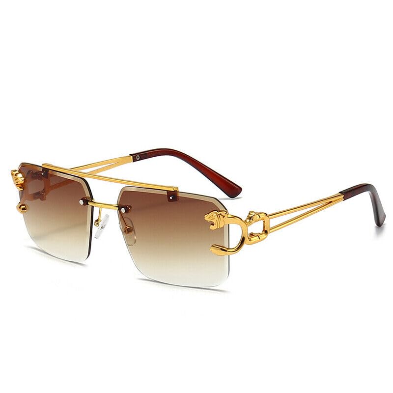 Dark Wost Rimless Non-Polarized Sunglasses For Men & Women Shades Tinted Lens Metal Frameless Rectangle Sunglass UV400 Protection (Gold Frame Tea, Free Size) - Image 1
