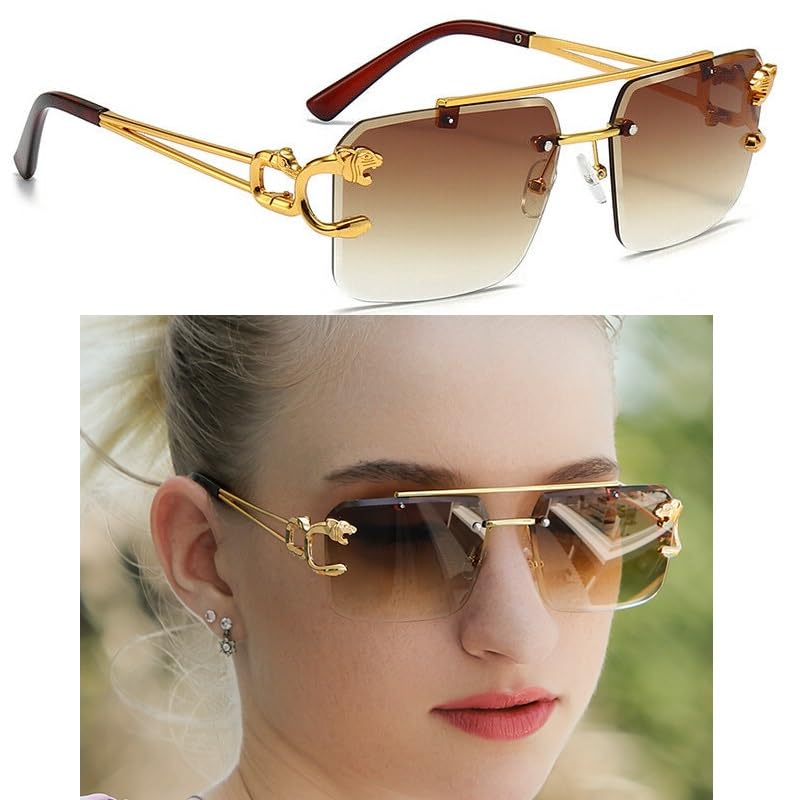 Dark Wost Rimless Non-Polarized Sunglasses For Men & Women Shades Tinted Lens Metal Frameless Rectangle Sunglass UV400 Protection (Gold Frame Tea, Free Size) - Image 2