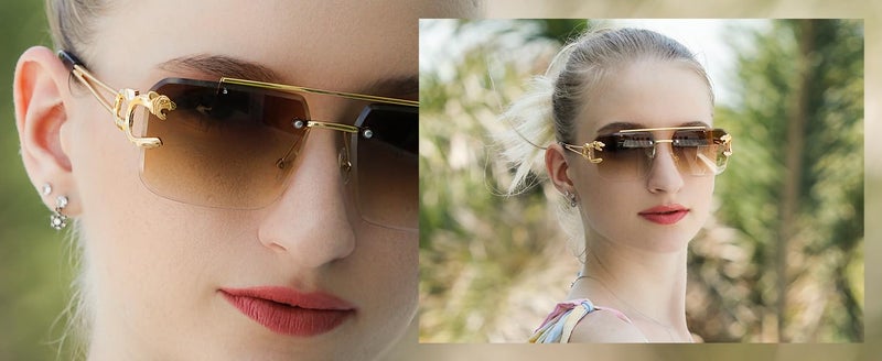 Dark Wost Rimless Non-Polarized Sunglasses For Men & Women Shades Tinted Lens Metal Frameless Rectangle Sunglass UV400 Protection (Gold Frame Tea, Free Size) - Image 4
