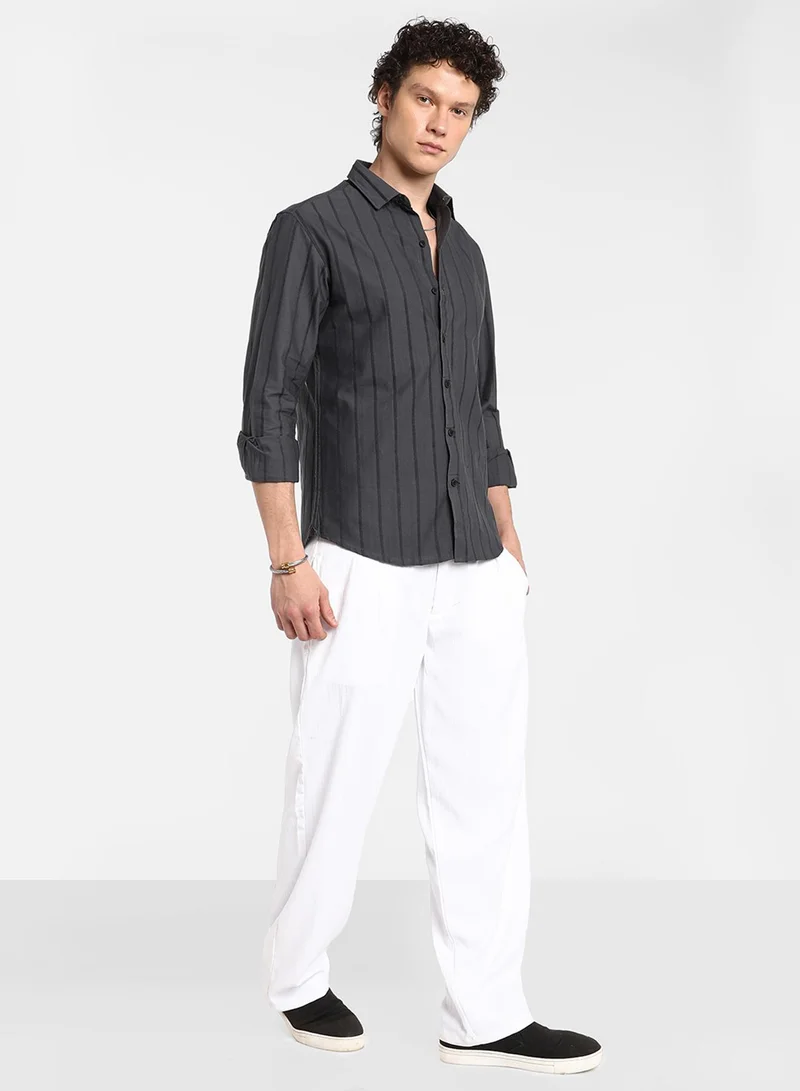 كامبوس سوترا Men's Charcoal Grey Pencil-Striped Shirt