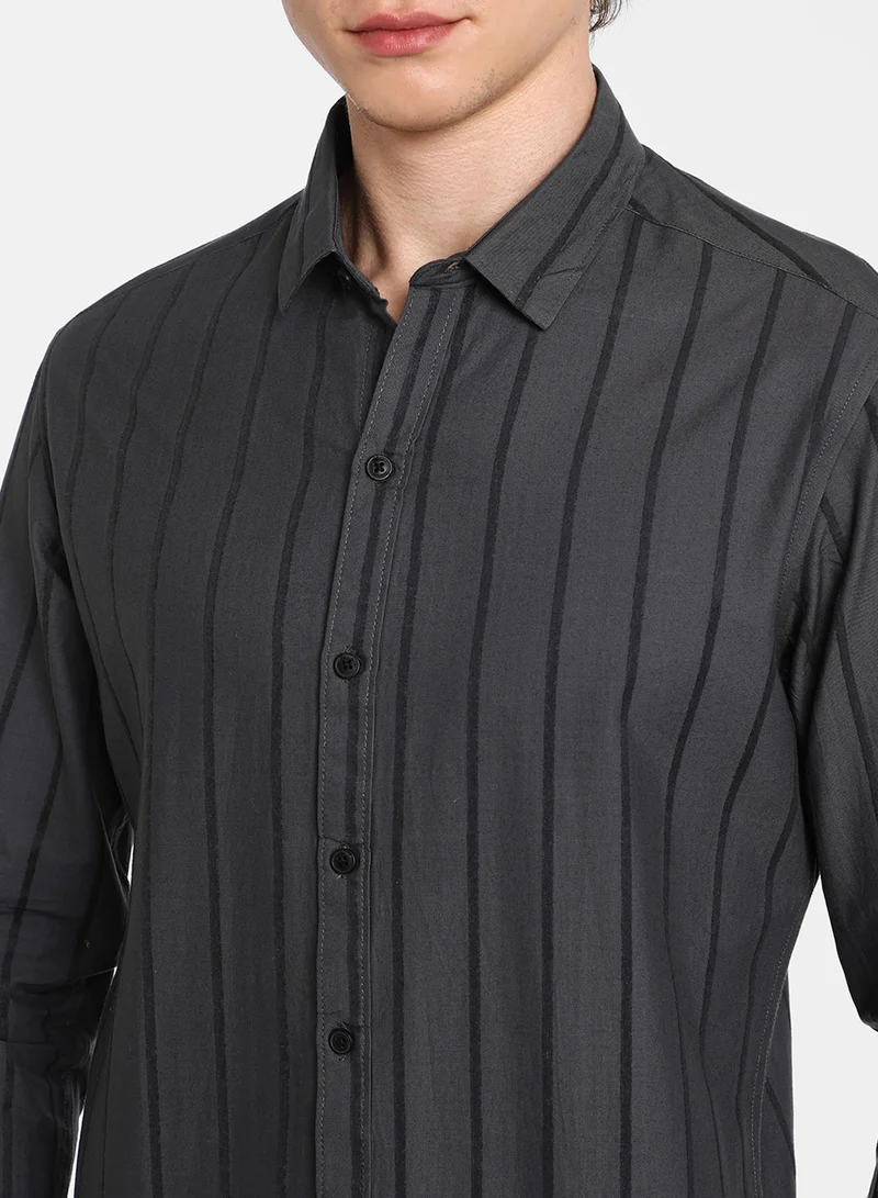 كامبوس سوترا Men's Charcoal Grey Pencil-Striped Shirt