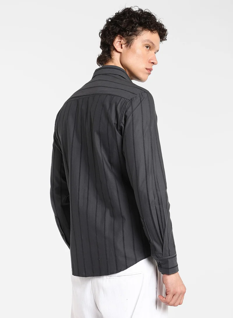 كامبوس سوترا Men's Charcoal Grey Pencil-Striped Shirt
