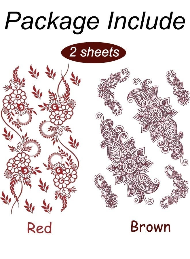 GlamKit 2 Sheets Red and Brown Henna Tattoo Kit Lace Fake Tattoos Semi Permanent Waterproof Stickers for Women Wedding Party Festival Bridal Shower Bachelorette Night Beach Vacation Daily Wear Tattoos Decorations - Image 2
