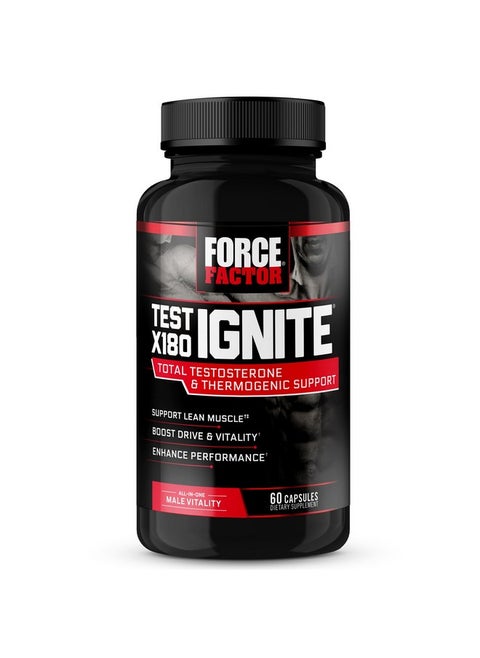 معزز هرمون التستوستيرون Force Factor Test X180 Ignite للرجال، مكمل دعم هرمون التستوستيرون للمساعدة في حرق الدهون وتعزيز الحيوية وزيادة الطاقة، 60 كبسولة