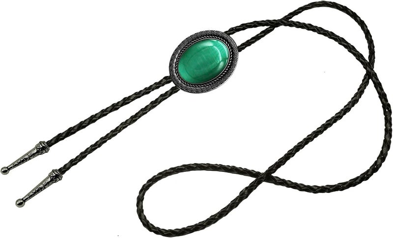 Moranse Bolo Tie With Emerald Blue and Black or More Colors Stone Celtic Style Genuine and Cowhide Rope - Image 2