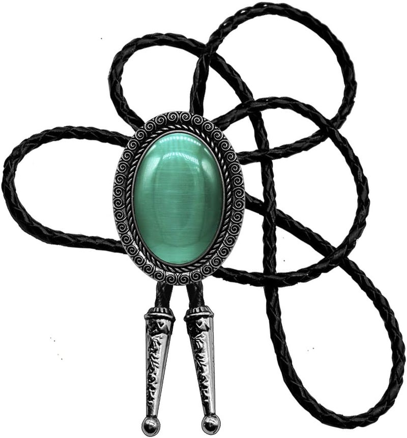 Moranse Bolo Tie With Emerald Blue and Black or More Colors Stone Celtic Style Genuine and Cowhide Rope - Image 1