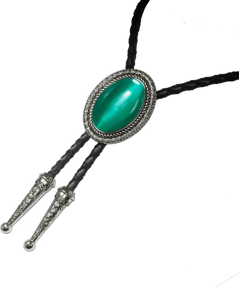 Moranse Bolo Tie With Emerald Blue and Black or More Colors Stone Celtic Style Genuine and Cowhide Rope - Image 4