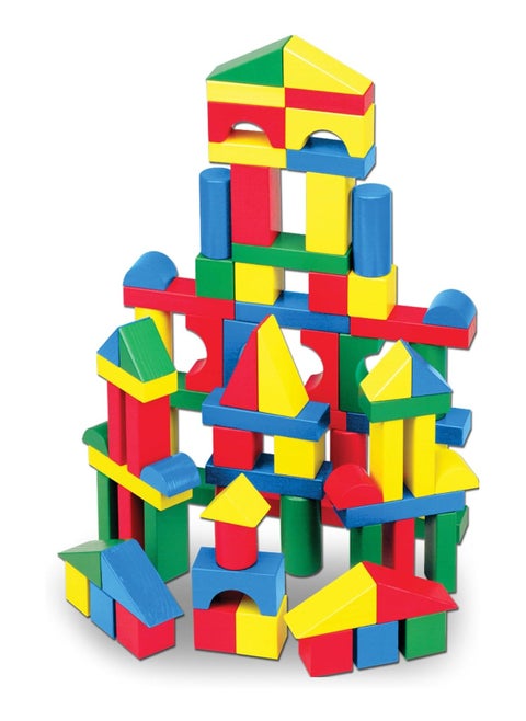 Wooden Building Blocks Set - 100 In 4 Colors And 9 Shapes